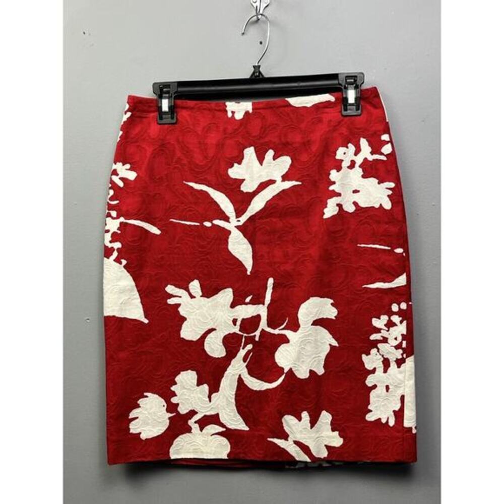 TALBOTS‎ Pencil Skirt Womens 2P Petite Red Floral Bold Embossed Back zipper